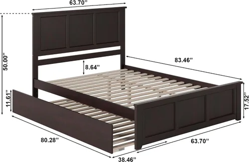 Vista 2 de AFI, Madison - Cama de plataforma Queen con estribo a juego, cama nido individual XL y cargador USB conectable, color espresso