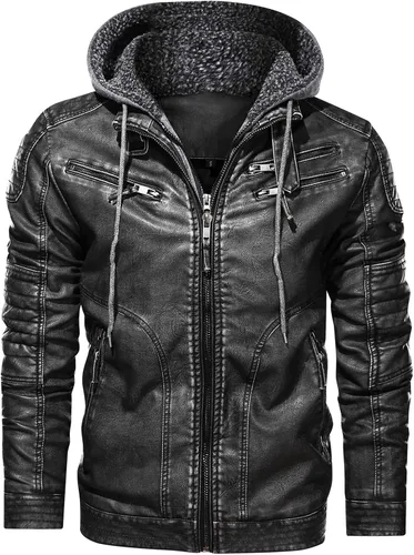 Vista 2 de MANSDOUR Chaqueta de piel sintética para hombre, color negro cálido, chaqueta bomber para motocicleta con capucha extraíble