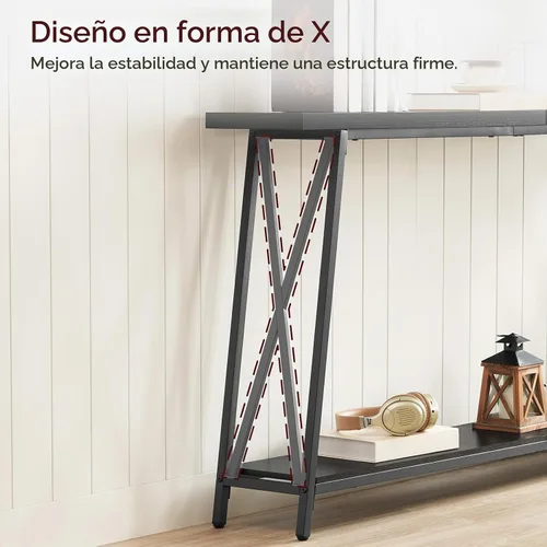 Vista 6 de MAHANCRIS Mesa consola, mesa de entrada industrial de 63 pulgadas, mesa de sofá extra larga de 2 niveles detrás del sofá, soporte en forma de X