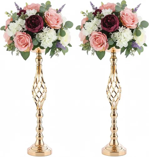 Vista 19 de 2 piezas de centros de mesa de boda para mesas de recepción, soportes de velas retorcidas, adornos, centros de mesa de metal con jarrón de flores