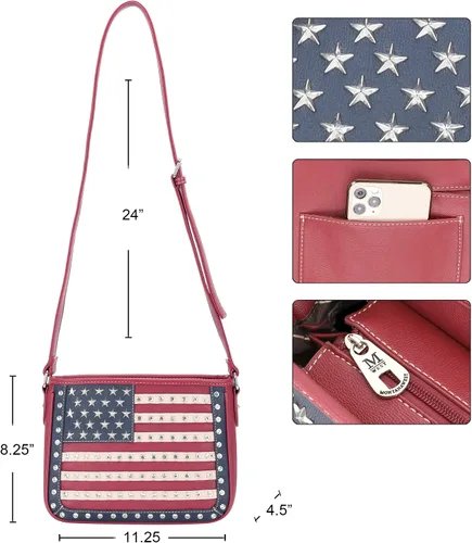 Vista 4 de Montana West Bolso patriótico con tachuelas para mujer, bolso de mano con bandera estadounidense y bolso cruzado