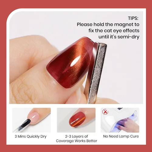 Vista 3 de Esmalte de uñas de ojo de gato burdeos sin gel, esmalte de uñas magnético secado al aire para uñas de los pies, secado rápido, alto brillo