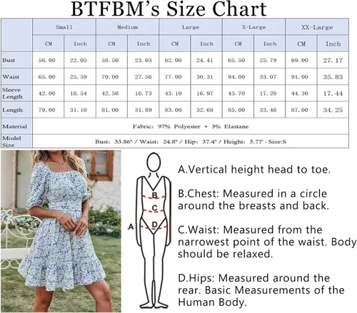 Vista 5 de BTFBM Vestido casual de verano de manga corta con cuello cuadrado para mujer, con lazo en la espalda, floral, cintura alta, con volantes