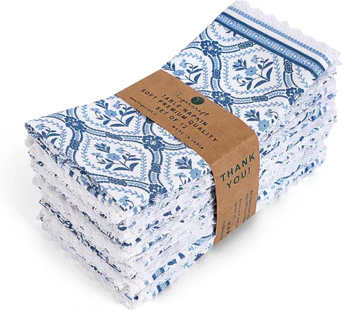 Vista 28 de FINGERCRAFT Servilletas de tela de lino y algodón de 12 unidades con esquinas ingletadas y elegante encaje para uso diario; las servilletas están