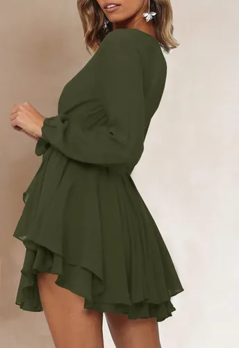 Vista 3 de Ferlema - Vestido sexy con cuello en V y manga larga con volantes y envolvente con lazo en la cintura, estilo casual, acampanado