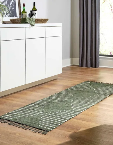 Vista 4 de Unique Loom Chindi Cotton Collection - Alfombra de área Briah (2 pies 2 pulgadas x 6 pies 1 pulgada, verde/marfil)