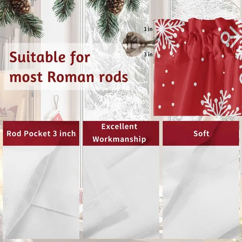 Vista 82 de Cenefa de cortina con lazo rojo de Navidad para ventanas, sala de estar, cocina, baño, granja, bolas de Navidad de acuarela con diseño de bayas