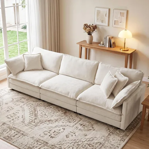 Vista 28 de Sofá individual modular de chenilla con otomana, sofá nube con almohada, color beige