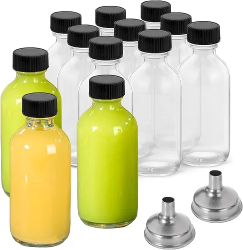 Vista 14 de Paquete de 6 botellas de vidrio ámbar de 2 onzas para extracto de vainilla, tarros redondos de vidrio marrón Boston a prueba de fugas con tapas