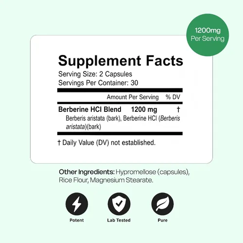 Vista 2 de Suplemento de berberina – Potente 1200 mg por porción Berberina HCI Root Supplements Píldoras Apoya la salud del corazón, el sistema