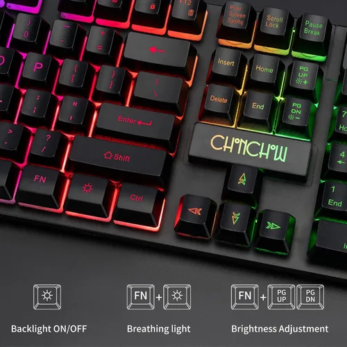Vista 3 de CHONCHOW Teclado y mouse para juegos con retroiluminación LED USB con iluminación de 104 teclas 3600DPI 2 botones laterales Teclado de mouse