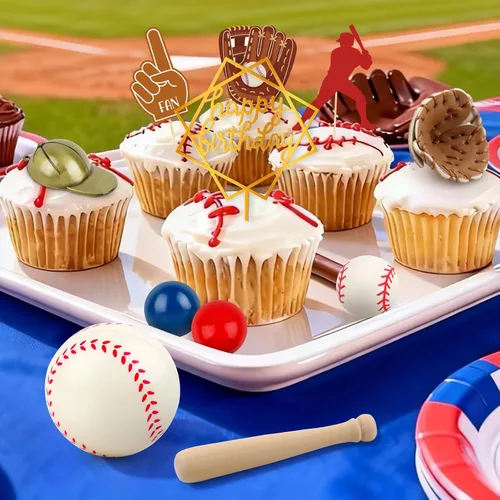 Vista 6 de Juego de 26 decoraciones de pastel de béisbol con mini bolas, jugador, gorras, guantes, murciélagos, adornos de pastel de cumpleaños de béisbol