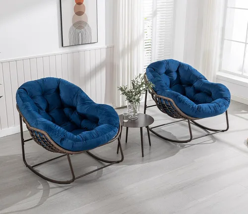 Vista 13 de Juego de 2 mecedoras para exteriores, silla mecedora de huevos de mimbre de gran tamaño, para interiores y exteriores, cómoda silla mecedora con Gris