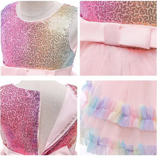Vista 4 de HIHCBF Disfraz de unicornio para niñas Halloween Navidad lentejuelas princesa vestido de tul alto vestido de fiesta de cumpleaños con diadema