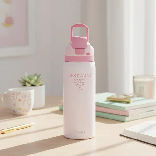 Vista 7 de Botella de agua aislada de acero inoxidable SANDJEST con pajita para deportes y viajes, la mejor tía de siempre, 946ml, regalos para mujeres, día