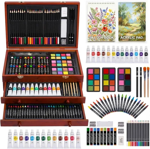 Vista 9 de Juego de arte de lujo de 175 piezas en madera, kit de dibujo y pintura con 2 blocs de dibujo, pinturas acrílicas, lápices de colores, lápices