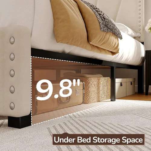 Vista 5 de EnHomee Base de cama de plataforma individual con cabecera ajustable tapizada de terciopelo, luces LED y estación de carga para dormitorio, Beige