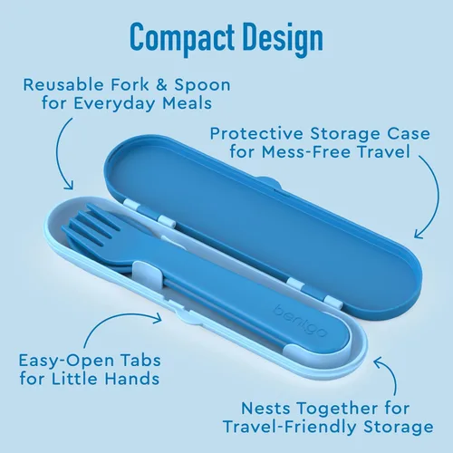 Vista 4 de Bentgo Juego de utensilios para niños, tenedor, cuchara y estuche de almacenamiento de plástico reutilizable, materiales sin BPA, asas de fácil
