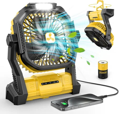 Vista 8 de ONLYNEW Ventilador portátil recargable de 20000 mAh, ventilador alimentado por batería inalámbrica con linterna LED, USB C operado por batería