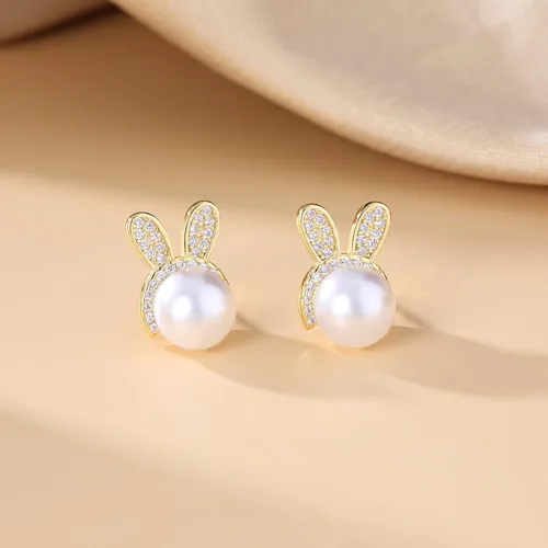 Vista 5 de SLUYNZ Aretes de plata de ley con diseño de conejo para mujer, con perlas de circonita cúbica, aretes de conejo, aretes de Pascua