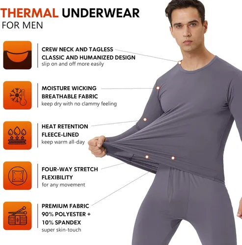 Vista 2 de Thermal Underwear for Men - 2 Pack Sets Ultra Soft Long Johns - Warm Base Layers with Fleece Lined for Cold Weather