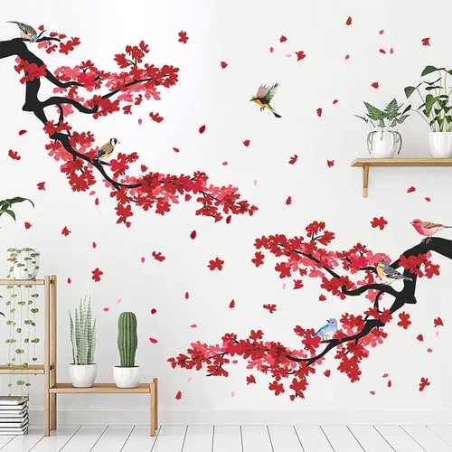 Vista 5 de Adhesivo decorativo para pared de ramas de ciruelo rojo 3D, diseño creativo, pájaros, estilo pastoral, extraíble, despegar y pegar, para niños