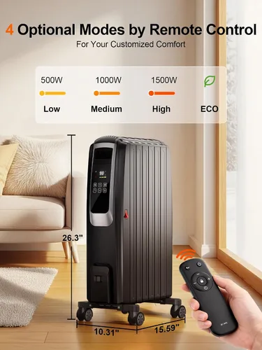 Vista 3 de Uthfy Calentador de radiador lleno de aceite, calentador radiante eléctrico con control remoto, termostato, 4 modos, temporizador de 24 horas
