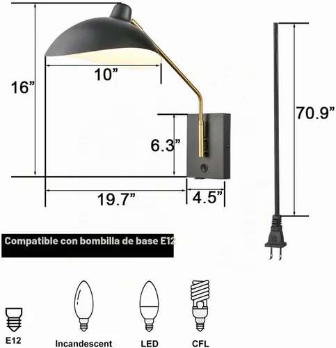 Vista 5 de CLAXY - Apliques de pared enchufables con brazo oscilante, color negro mate