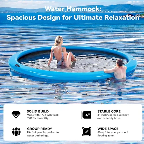 Vista 5 de Muelle flotante inflable redondo de 6 a 12 pies, anillo de flotador Sunchill, hamaca de agua para broncear flotadores de piscina con tela tejida
