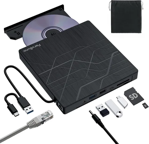 Vista 12 de PeroBuno Unidad externa de CD DVD, unidad óptica USB 3.0 tipo C, lector de discos CD ROM DVD ultradelgado de 0.5 pulgadas, portátil
