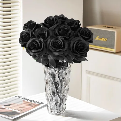 Vista 5 de Eternal Blossom 10 flores artificiales de seda de rosa negra de 19.7 in para ramo de novia, decoración de boda para el hogar Negro