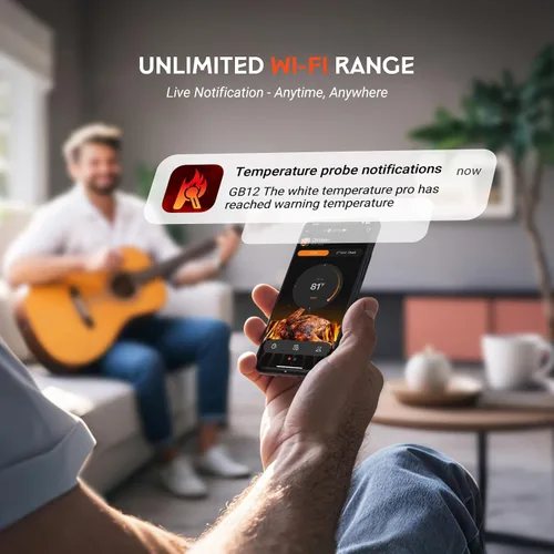 Vista 2 de Termómetro inalámbrico para carne - Termómetro digital inalámbrico 5G Wi-Fi y Bluetooth 5.4 para asar y ahumar con sondas duales IP67 y pantalla LCD
