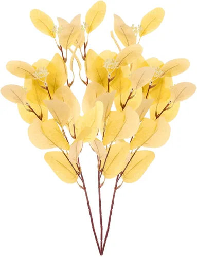 Vista 10 de Cabilock 3 piezas de hojas de eucalipto simuladas, tallos de eucalipto dorados, hojas largas de plata, ramo de hojas de eucalipto artificial, flor