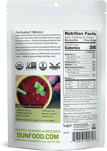 Vista 2 de Sunfood Superfoods Polvo de raíz de remolacha orgánica – Remolacha para jugos y batidos, colorante natural de alimentos para hornear, certificado