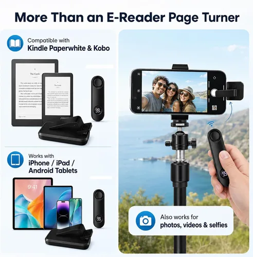 Vista 8 de Turner de páginas para Kindle Paperwhite, RF Control remoto Clicker Page Turner Accesorios Kindle para iPhone, iPad, tabletas Android, novelas