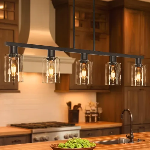 Vista 19 de Iluminación de isla de cocina de 4 luces, lámpara cromada para comedor, luz de isla para colgar sobre la mesa para candelabros lineales de granja