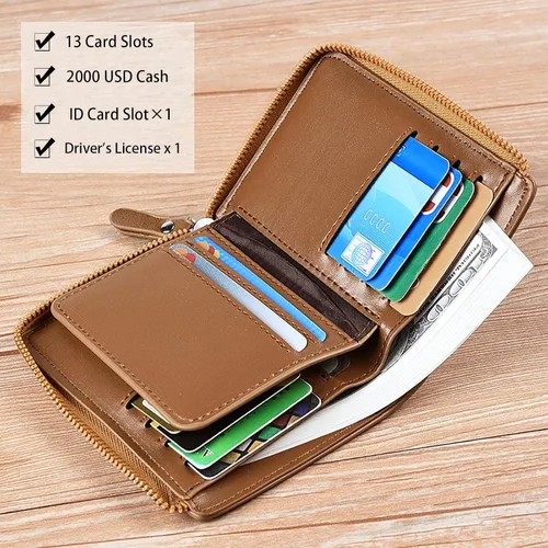Vista 5 de Nucery Billeteras con cremallera para hombre, con bloqueo RFID, de gran capacidad, carteras de cuero con 15 tarjeteros de crédito, Marrón, Moda