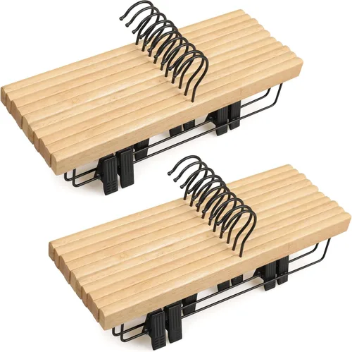 Vista 9 de TOPIA HANGER Perchas para pantalones, paquete de 10 perchas de bambú con clips negros y gancho giratorio, perchas duraderas de madera natural