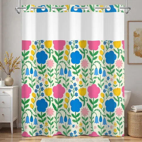 Vista 41 de No Hook Geometric Shower Curtain with Snap in Liner - 71″W x 74″L Waterproof Fabric with Mesh Top Window, Modern Abstract Triangle Design Bath