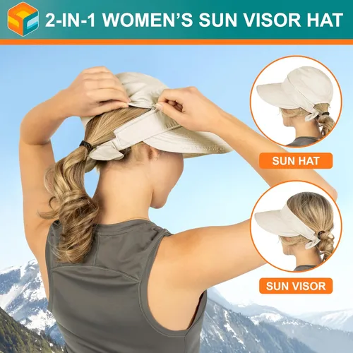 Vista 33 de SUN CUBE Sombrero de sol para mujer para protección UV al aire libre, sombrero de sol de ala ancha, cola de caballo, sombrero de playa convertible