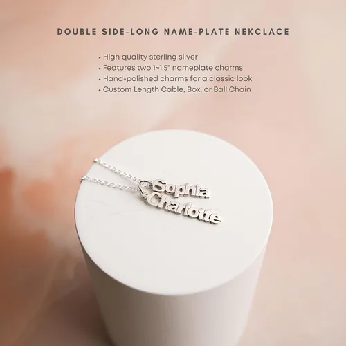 Vista 4 de AJ's Collection Collar personalizado de plata de ley con placa de identificación lateral doble. Personaliza dos encantos. Elección de cadena