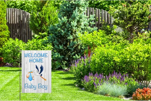 Vista 8 de Bandera de jardín de bienvenida a casa para bebé, baby shower, anuncio de nacimiento, fiesta familiar, letrero de revelación de género para recién
