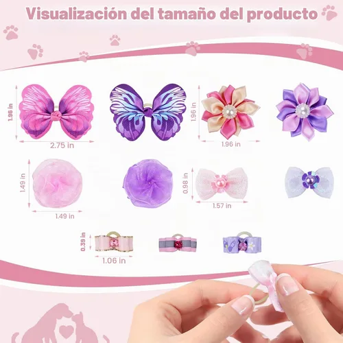 Vista 2 de 22 lazos para el pelo de perro con bandas elásticas de goma, accesorios para el pelo de cachorros pequeños con perlas de flores de mariposa, lazo