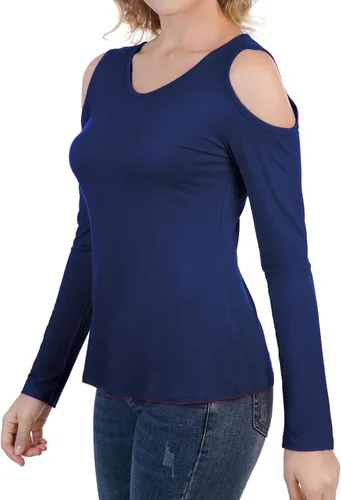 Vista 5 de Camiseta de manga larga con cuello en V y hombros descubiertos para mujer