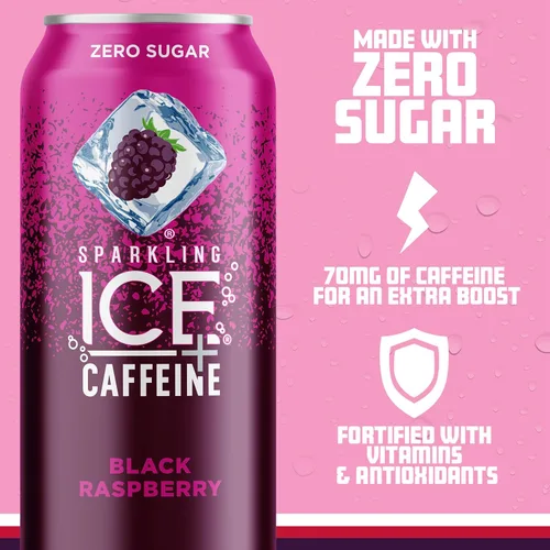 Vista 6 de Sparkling Ice + agua gaseosa de frambuesa negra con cafeína, con antioxidantes y vitaminas, azúcar cero, latas de 16 fl oz (paquete de 12) y agua