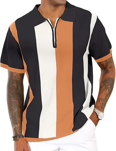 Vista 21 de Camisas polo de moda para hombre, camisas de punto vintage a rayas, camisas de golf casuales ajustadas