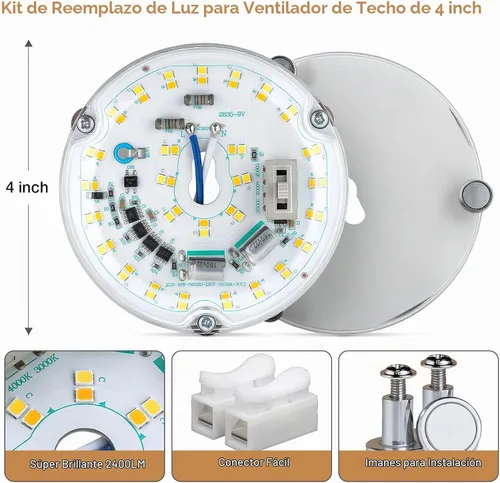 Vista 4 de Kit de Retrofit de Luz LED para Ventilador de Techo, 4 Pulgadas, Kit de Repuesto de Luz de Techo Motor PCB de Panel, 18W, 3CCT 3000K-4000K-5000K