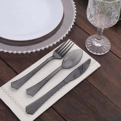 Vista 2 de Efavormart - Juego de 24 cubiertos de plástico transparente negro resistente con mango de punta acampanada, cuchara de tenedor desechable
