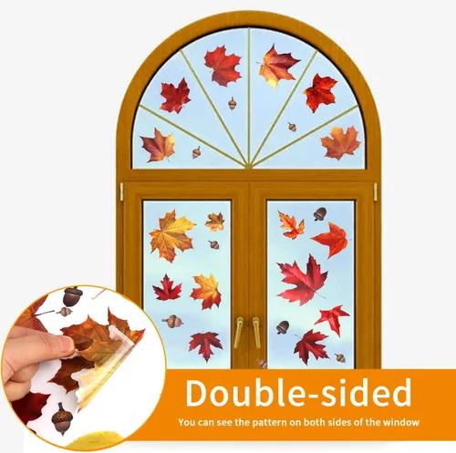 Vista 6 de CCINEE 216 calcomanías de arce para ventana, 6 hojas de otoño, hojas de roble y bellotas surtidas, calcomanías para ventana de otoño, Acción de 216
