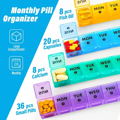 Vista 3 de Organizador de pastillas mensual XL grande, 4 semanas, organizador de pastillas de 28 días semanal, compartimento grande con estuche de viaje
